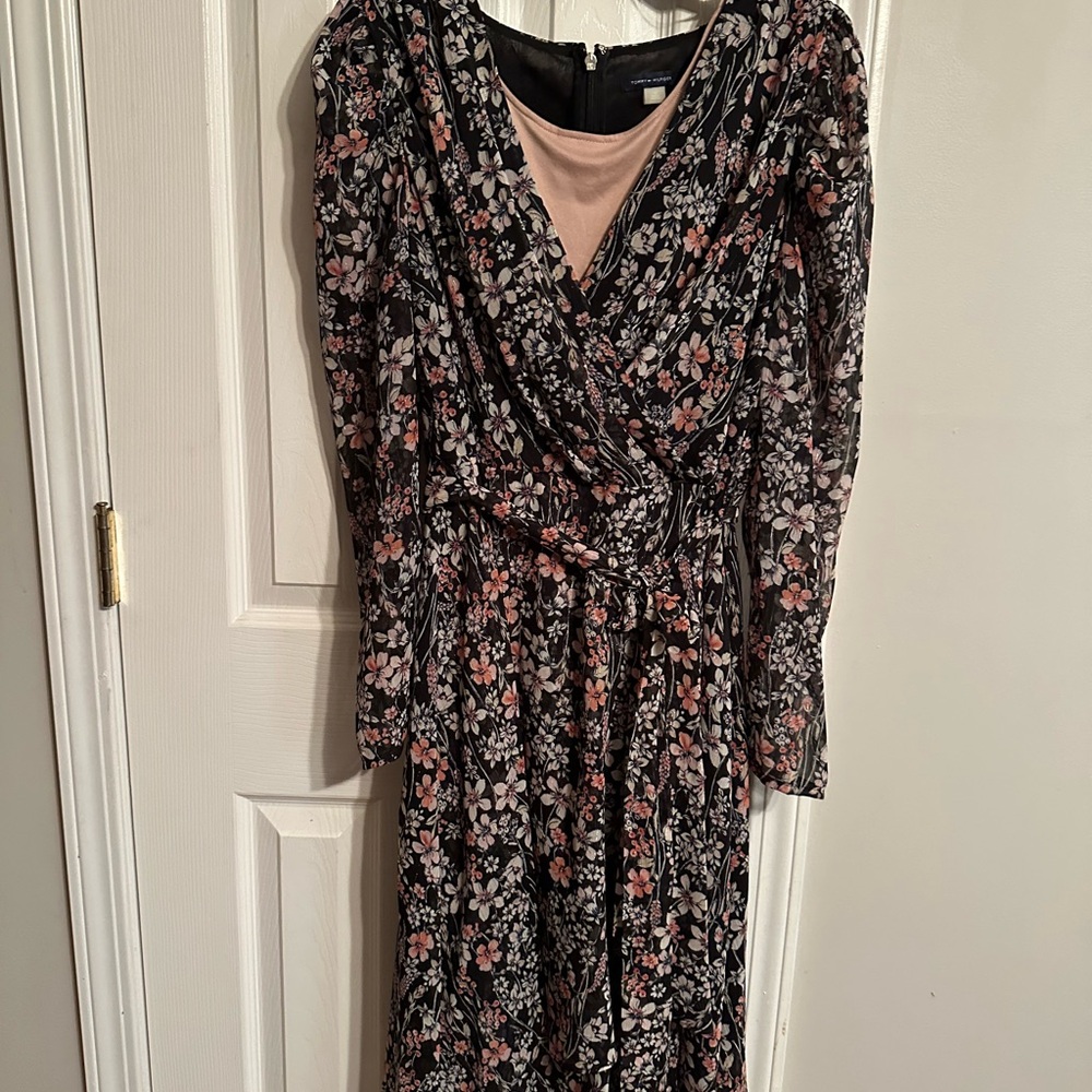 Tommy Hilfiger Black and Pink Floral Long Sleeve Dress and layered tank